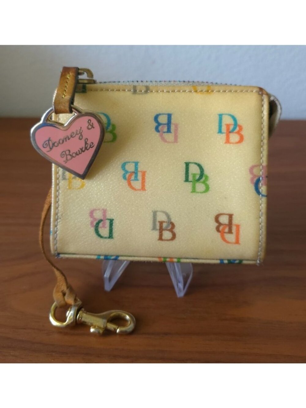 Y2K Dooney & Bourke Rainbow Monogram Canvas & Leather Zip ID Card Holder Wallet